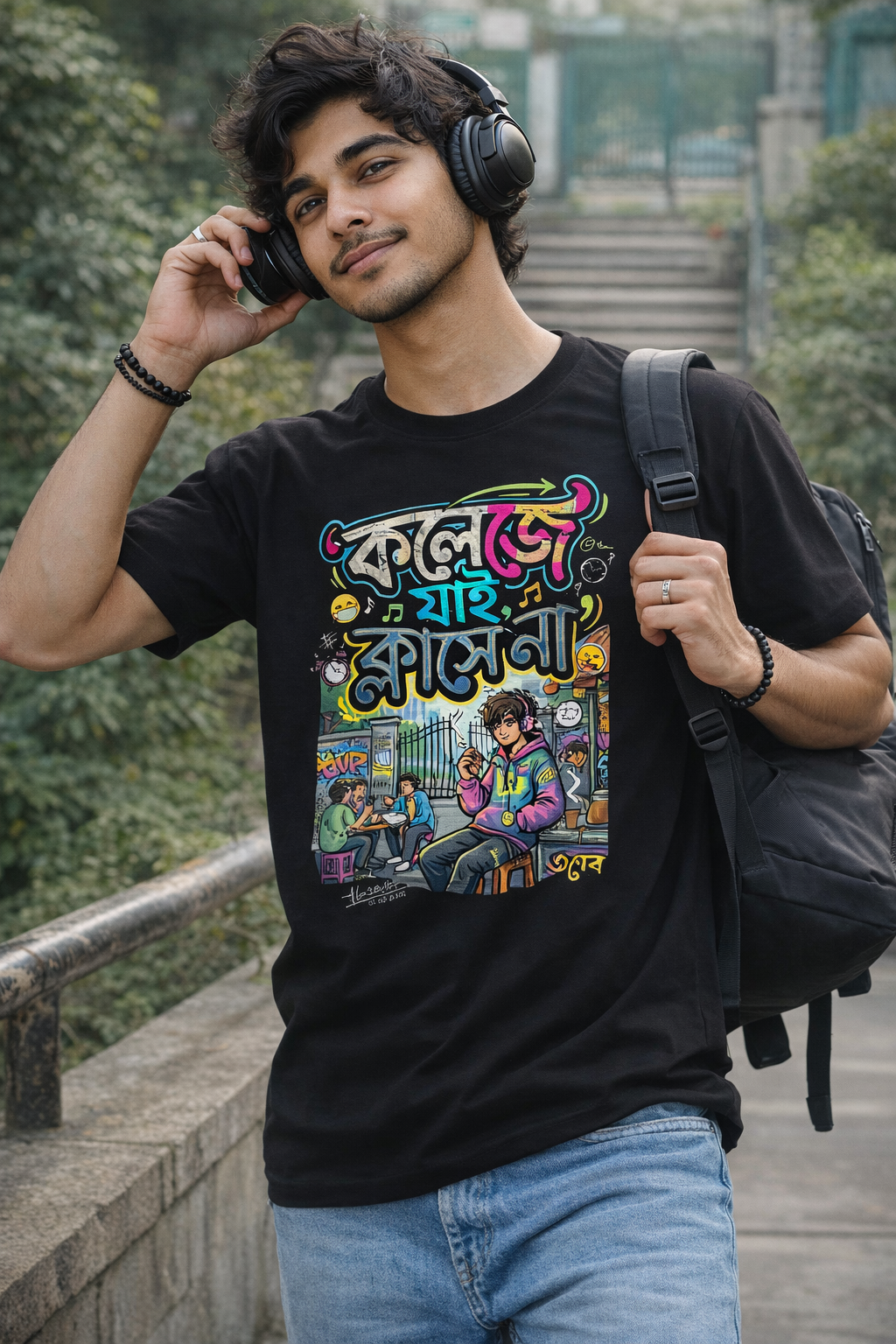 Bengali Funny T-Shirt “কলেজে যাই, ক্লাসে না” – Gen Z College Humor Graphic Tee | Trendy Streetwear Bengali Quote T Shirt for Students | Casual Cotton Tee for Men & Women