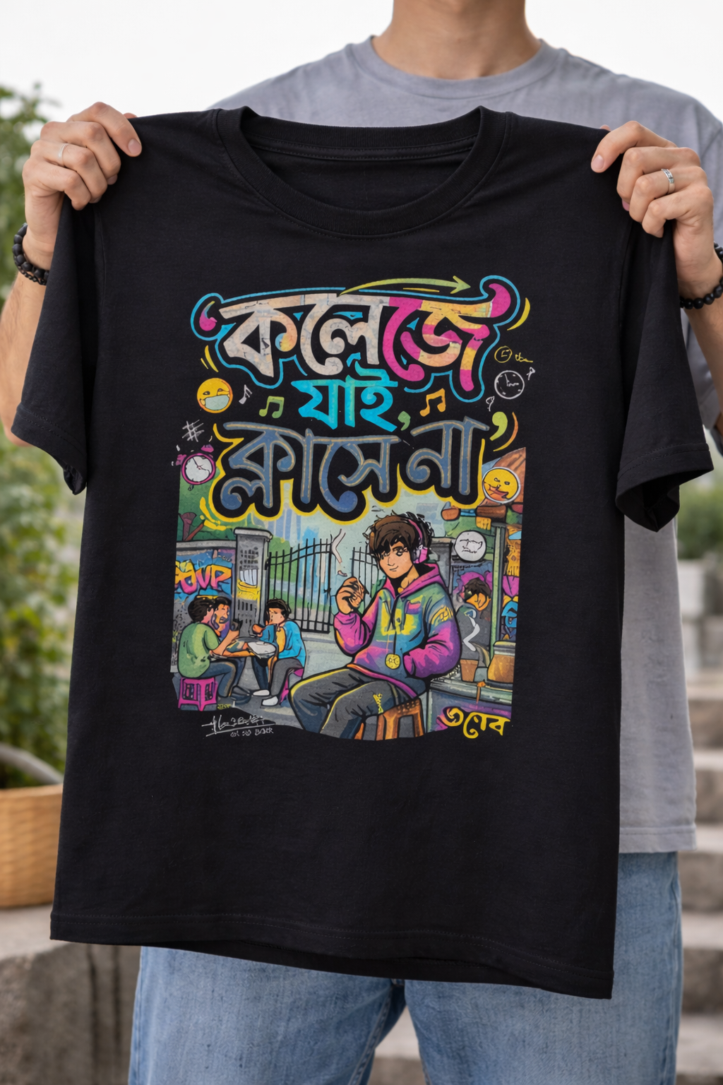 Bengali Funny T-Shirt “কলেজে যাই, ক্লাসে না” – Gen Z College Humor Graphic Tee | Trendy Streetwear Bengali Quote T Shirt for Students | Casual Cotton Tee for Men & Women