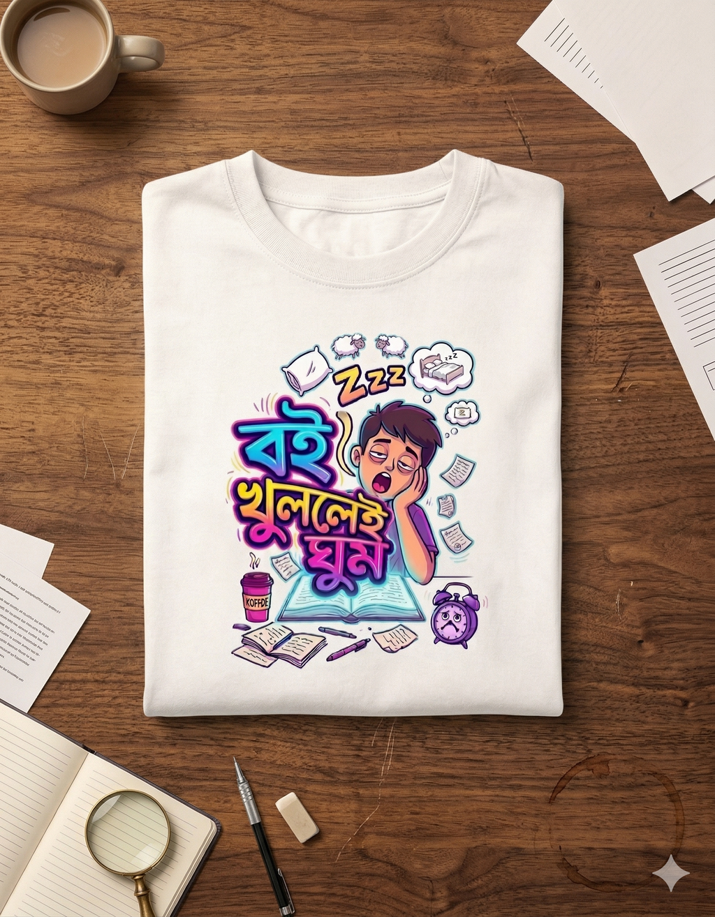 Bengali Funny T Shirt “বই খুললেই ঘুম” Sleepy Student Quote Tee | College Humor Graphic T-Shirt | Trendy Gen Z Unisex Printed Tee