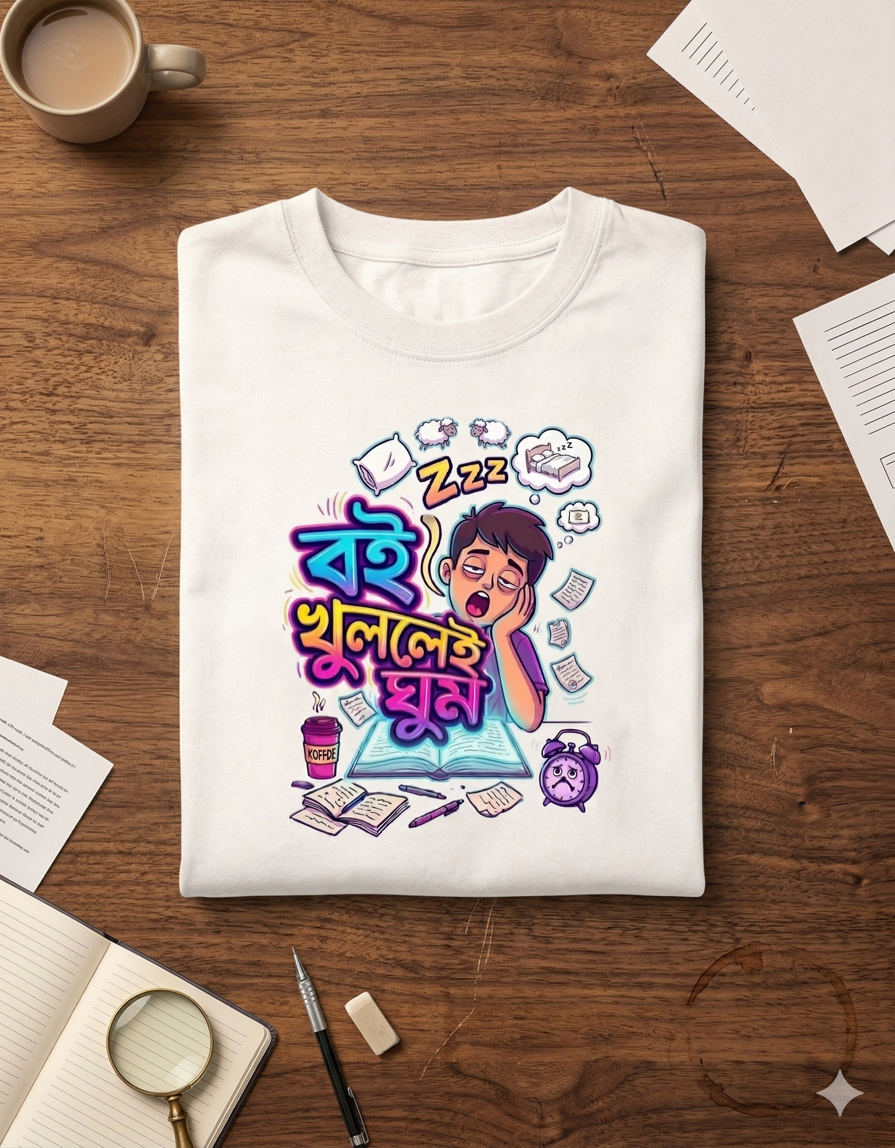 Bengali Funny T Shirt “বই খুললেই ঘুম” Sleepy Student Quote Tee | College Humor Graphic T-Shirt | Trendy Gen Z Unisex Printed Tee