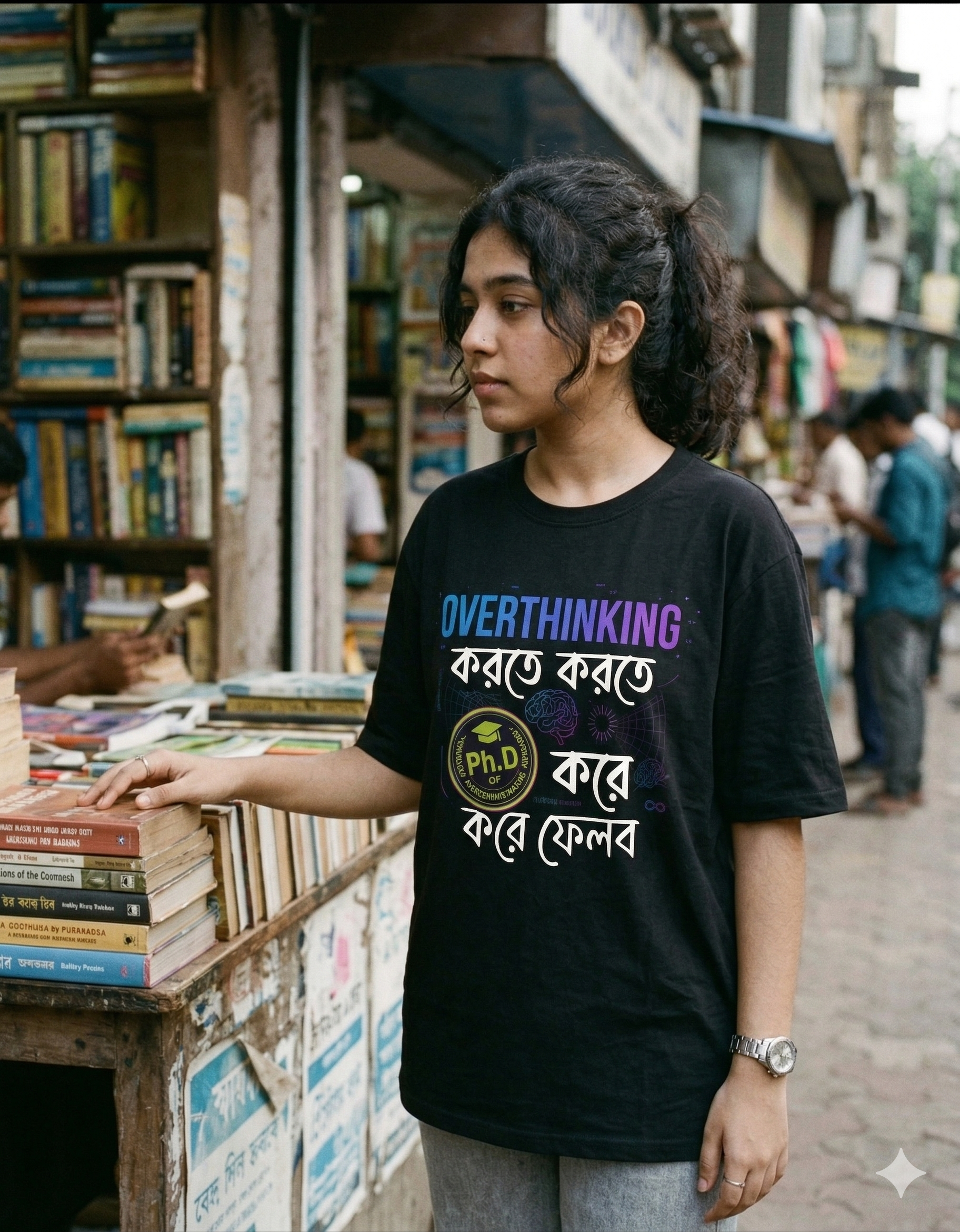 Overthinking Bengali T-Shirt | “Overthinking করতে করতে PhD করে ফেলব” Funny Graphic Tee | Gen Z Humor Printed T Shirt for Men & Women | Casual Streetwear