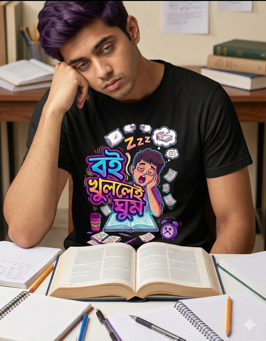 Bengali Funny T Shirt “বই খুললেই ঘুম” Sleepy Student Quote Tee | College Humor Graphic T-Shirt | Trendy Gen Z Unisex Printed Tee