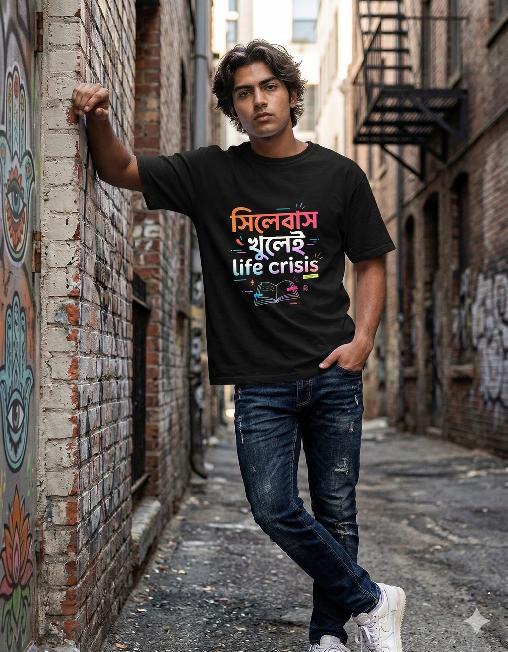 Bengali Funny T-Shirt “সিলেবাস খুলেই life crisis” | Student Meme Graphic Tee | Gen Z Streetwear Printed T Shirt for Men & Women | Black Casual Cotton Tee