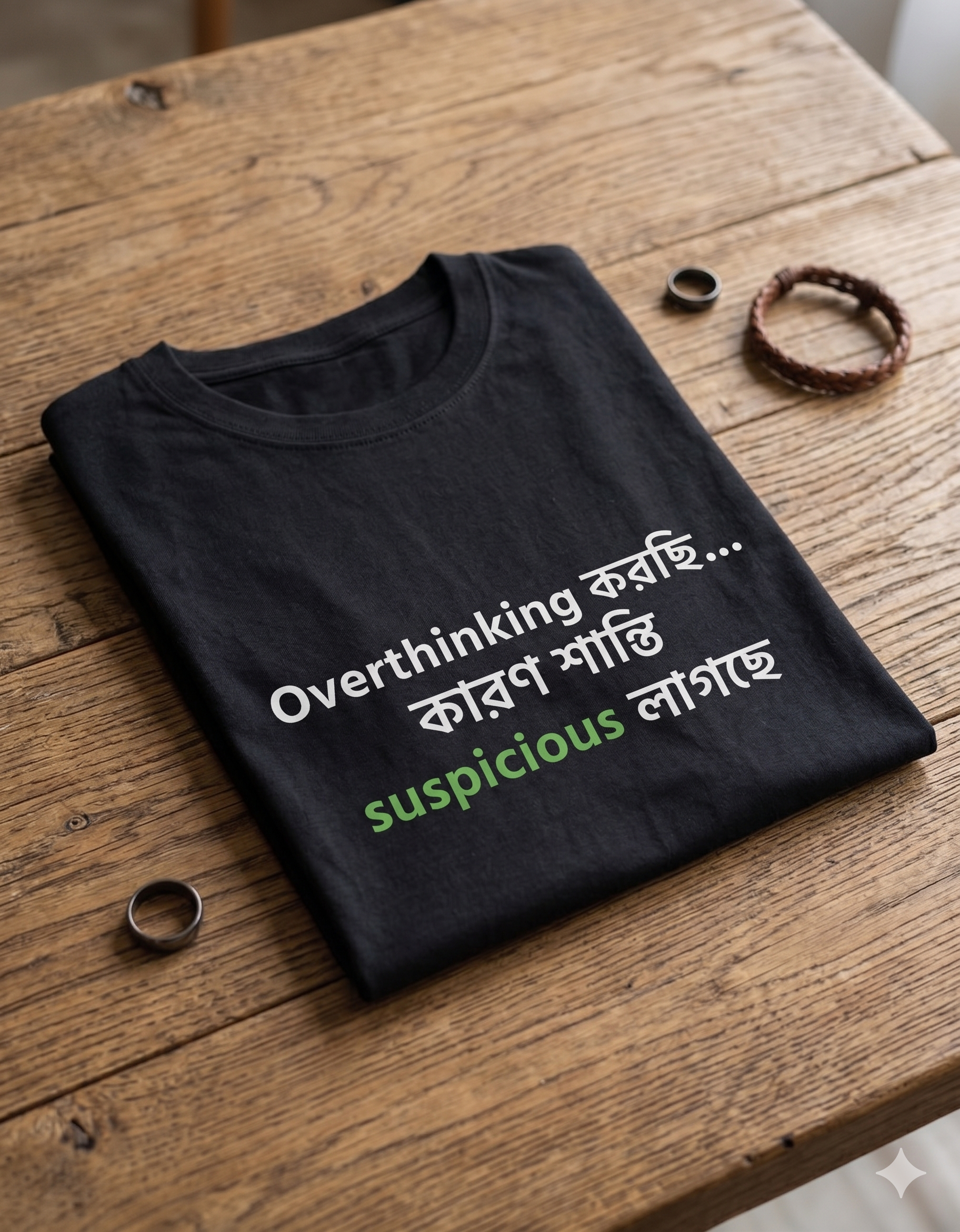 Overthinking করছি… কারণ শান্তি suspicious লাগছে” T-Shirt | Limited Drop | Gen Z Bengali Streetwear