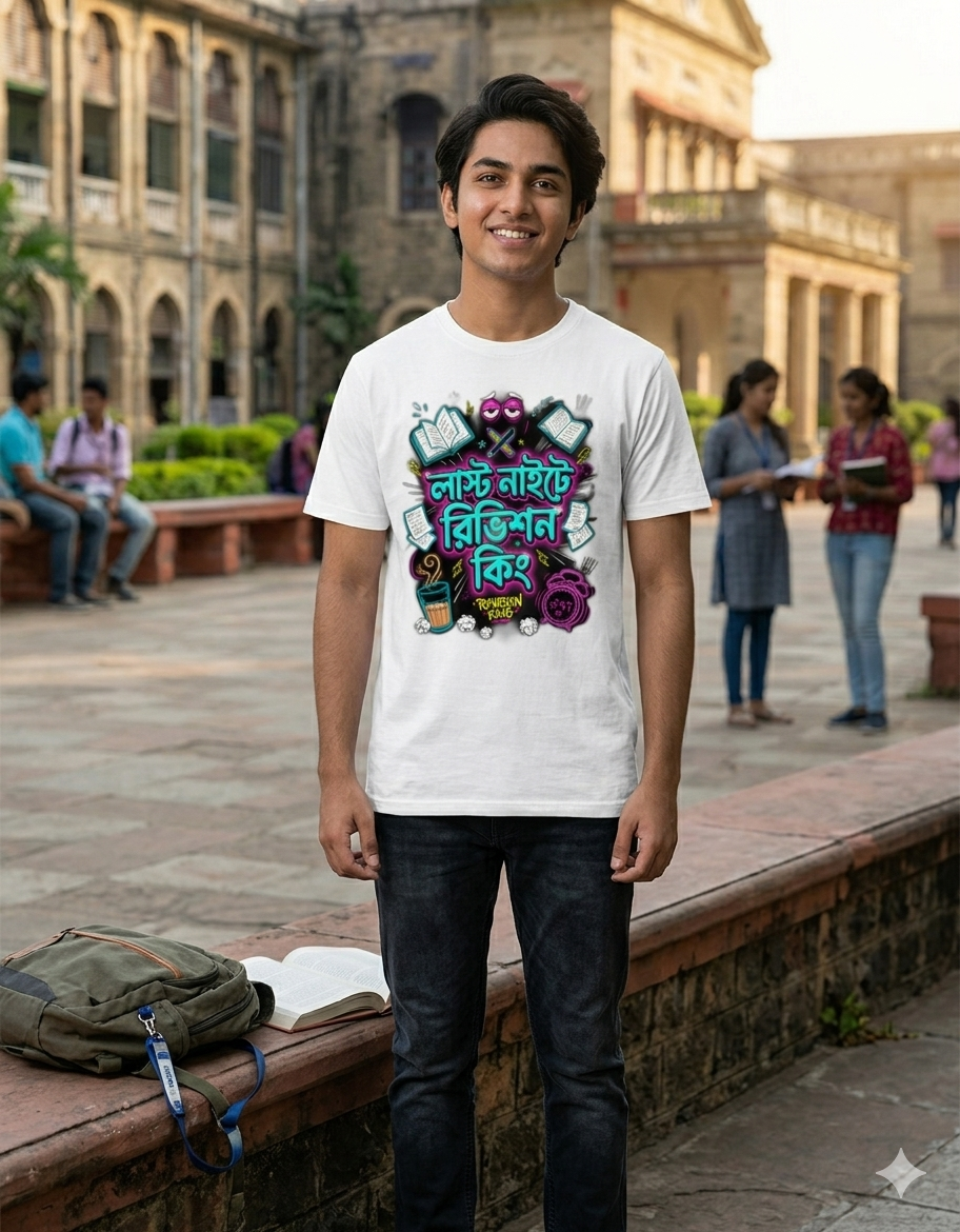 Funny Bengali Typography T-Shirt | Last Night Study Vibes Graphic Tee | Unique Exam Season Gift for Students