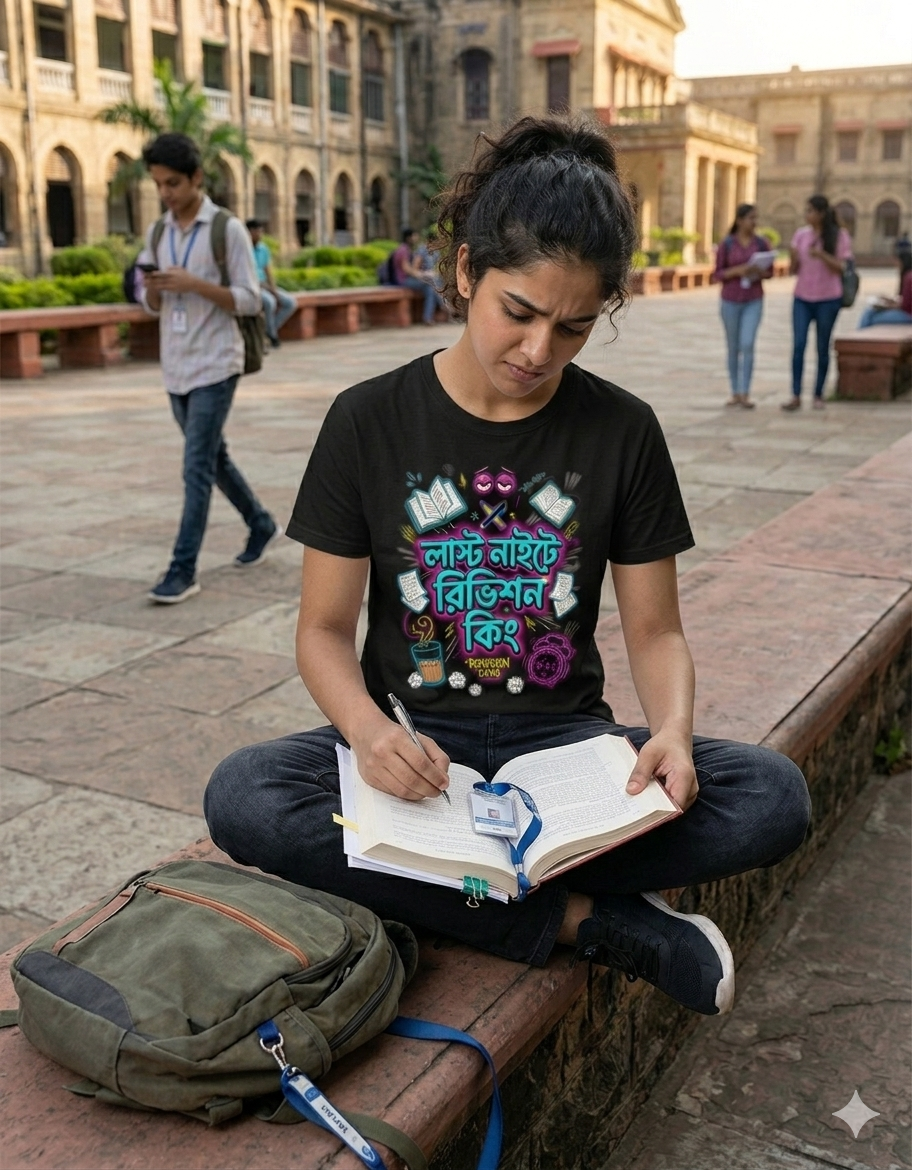 Funny Bengali Typography T-Shirt | Last Night Study Vibes Graphic Tee | Unique Exam Season Gift for Students