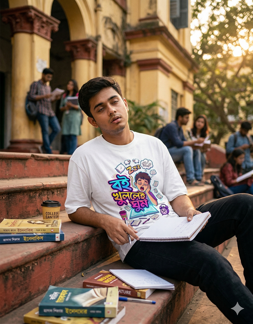 Bengali Funny T Shirt “বই খুললেই ঘুম” Sleepy Student Quote Tee | College Humor Graphic T-Shirt | Trendy Gen Z Unisex Printed Tee