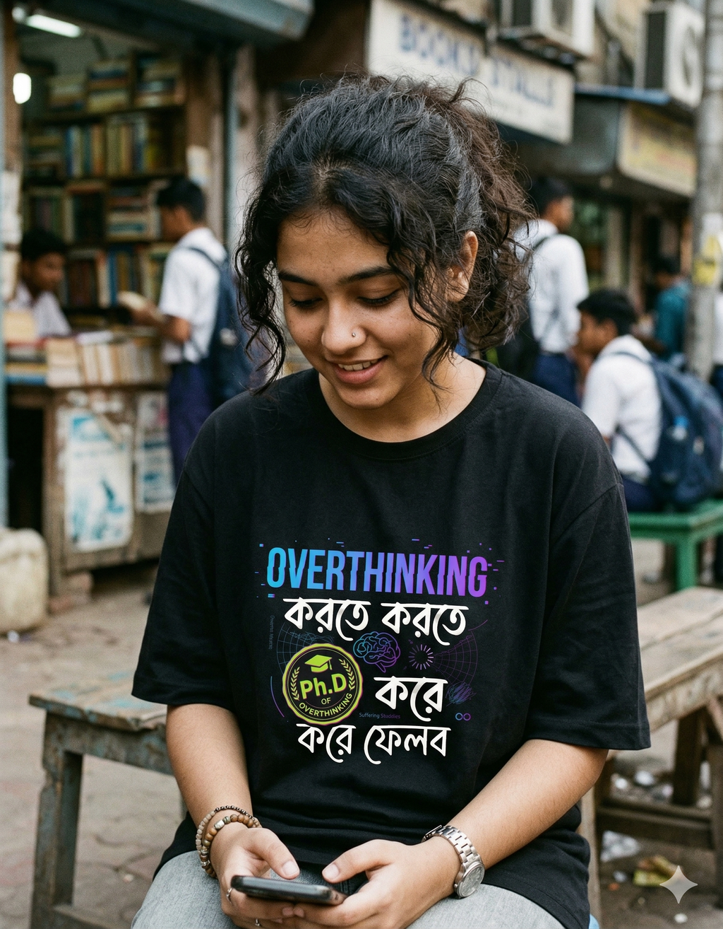 Overthinking Bengali T-Shirt | “Overthinking করতে করতে PhD করে ফেলব” Funny Graphic Tee | Gen Z Humor Printed T Shirt for Men & Women | Casual Streetwear