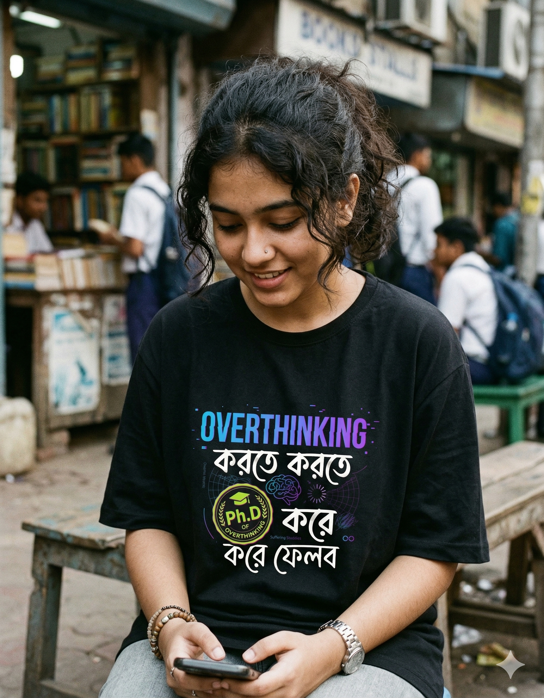 Overthinking Bengali T-Shirt | “Overthinking করতে করতে PhD করে ফেলব” Funny Graphic Tee | Gen Z Humor Printed T Shirt for Men & Women | Casual Streetwear