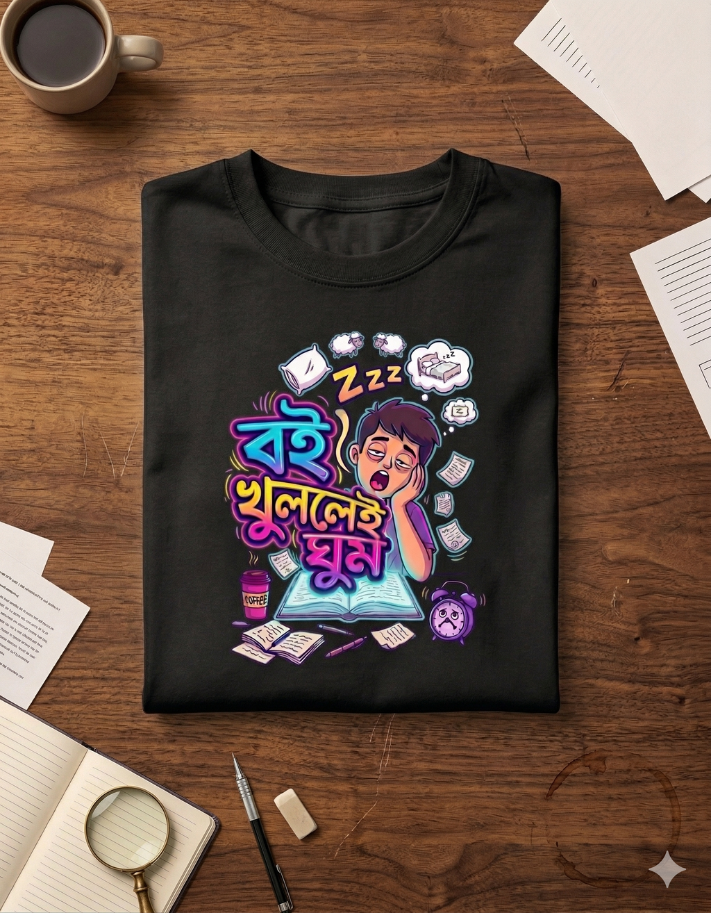 Bengali Funny T Shirt “বই খুললেই ঘুম” Sleepy Student Quote Tee | College Humor Graphic T-Shirt | Trendy Gen Z Unisex Printed Tee