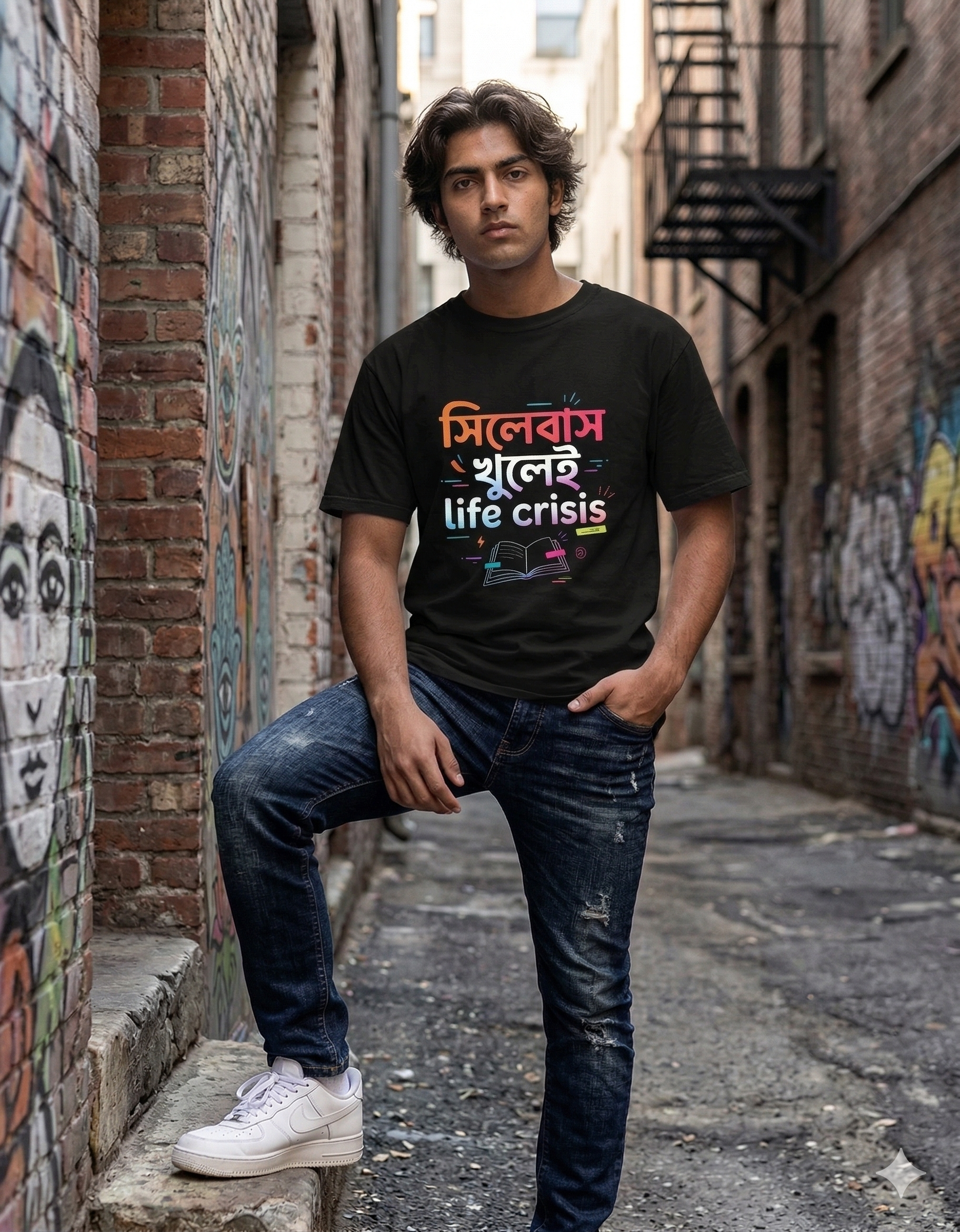 Bengali Funny T-Shirt “সিলেবাস খুলেই life crisis” | Student Meme Graphic Tee | Gen Z Streetwear Printed T Shirt for Men & Women | Black Casual Cotton Tee