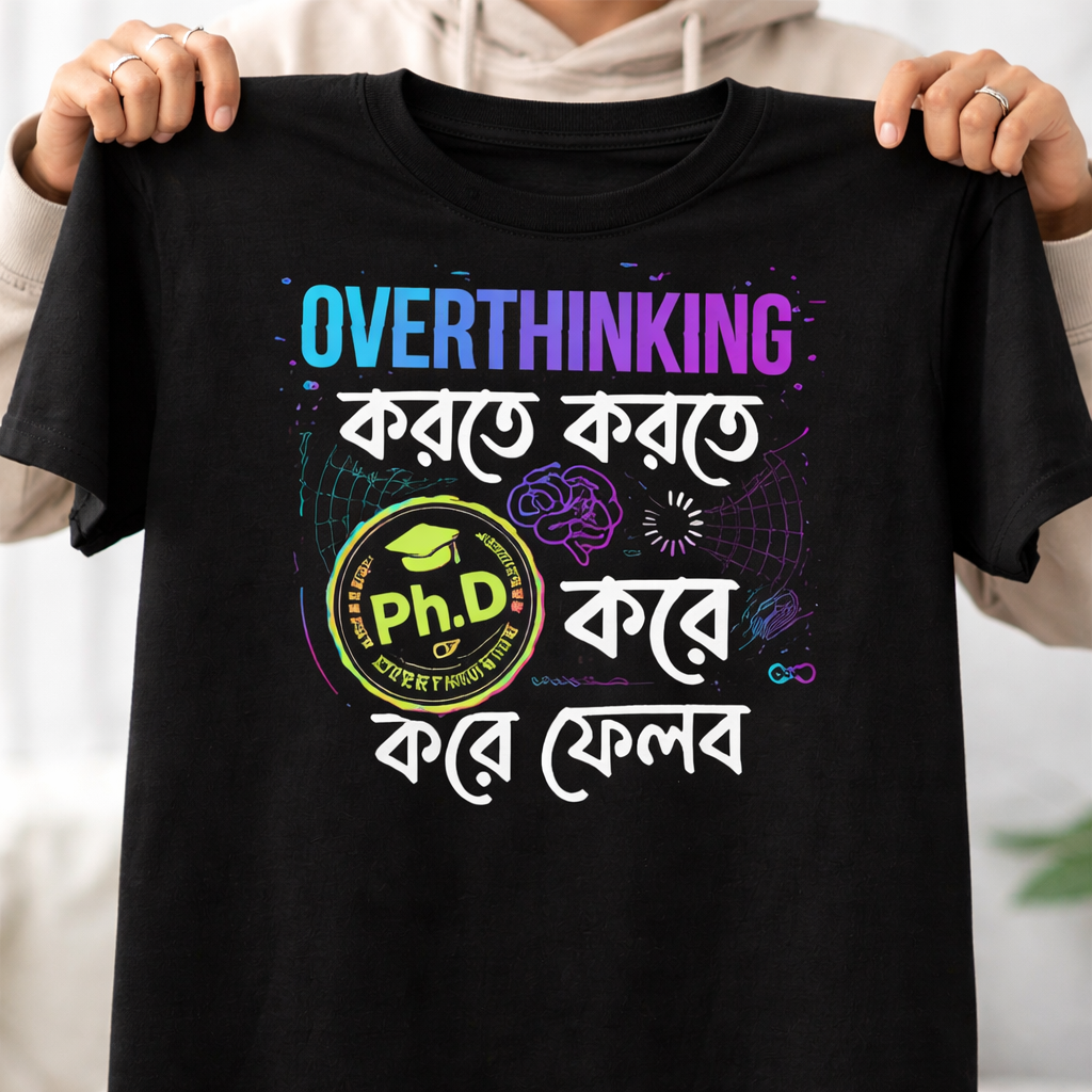 Overthinking Bengali T-Shirt | “Overthinking করতে করতে PhD করে ফেলব” Funny Graphic Tee | Gen Z Humor Printed T Shirt for Men & Women | Casual Streetwear
