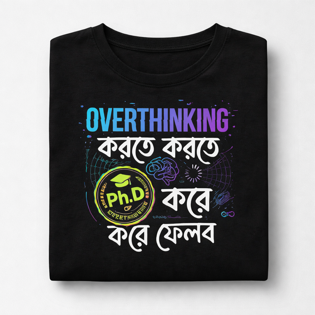 Overthinking Bengali T-Shirt | “Overthinking করতে করতে PhD করে ফেলব” Funny Graphic Tee | Gen Z Humor Printed T Shirt for Men & Women | Casual Streetwear