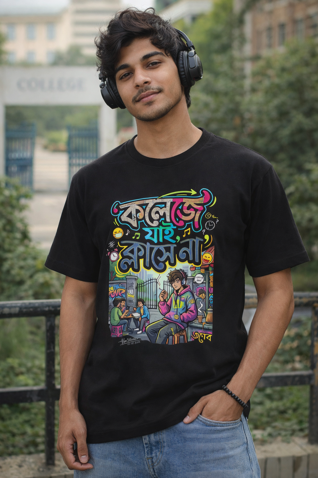 Bengali Funny T-Shirt “কলেজে যাই, ক্লাসে না” – Gen Z College Humor Graphic Tee | Trendy Streetwear Bengali Quote T Shirt for Students | Casual Cotton Tee for Men & Women