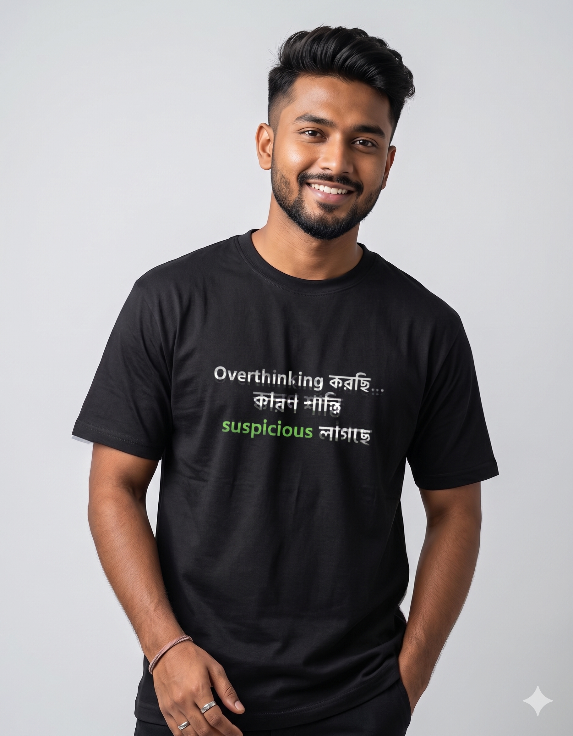 Overthinking করছি… কারণ শান্তি suspicious লাগছে” T-Shirt | Limited Drop | Gen Z Bengali Streetwear